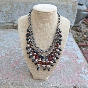 Chico’s Estelle Bib Red & Black Beaded Fringe Statement Necklace